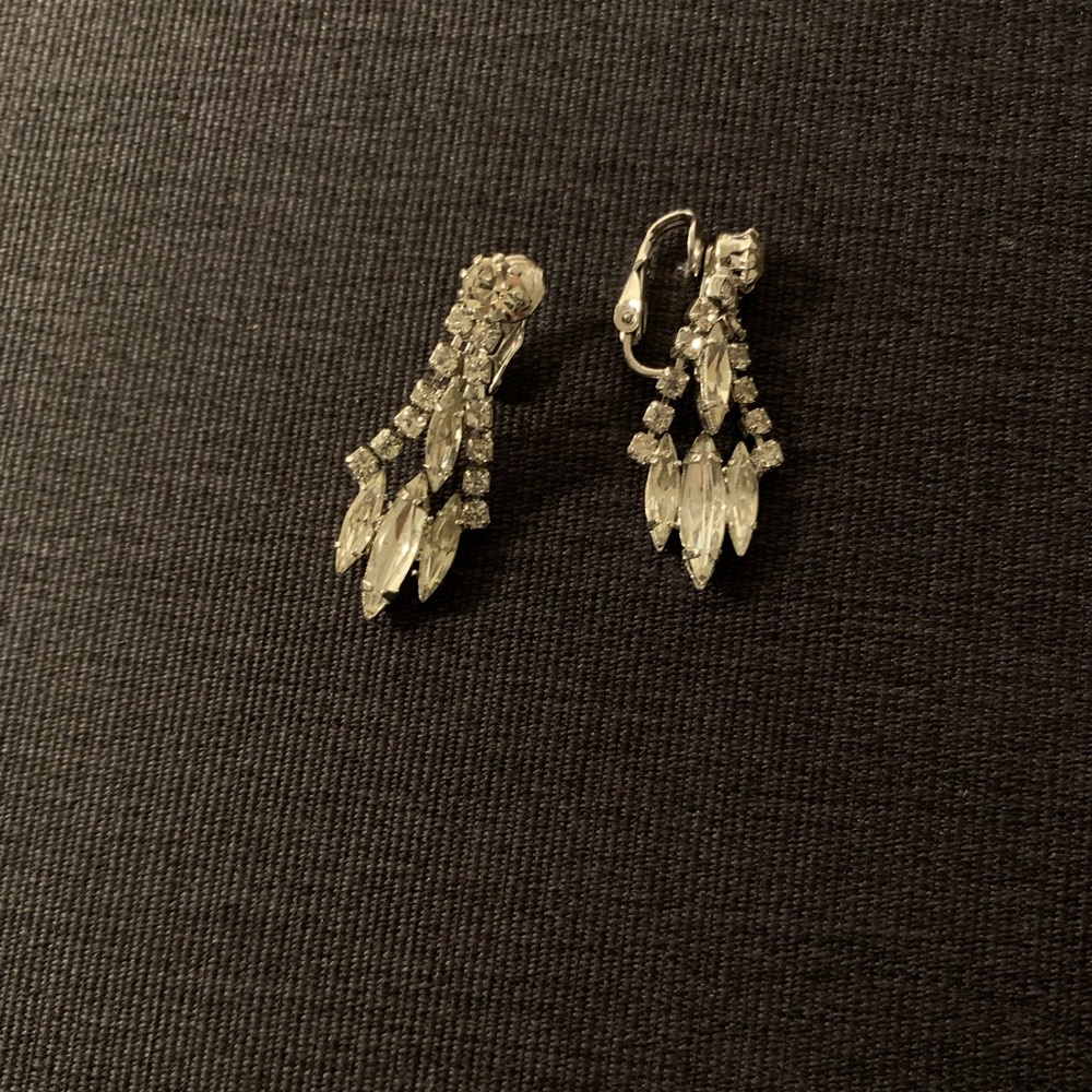 Vintage Prong Set Marquise Cut Drop Clip Earring, Silver Tone, 1.58"